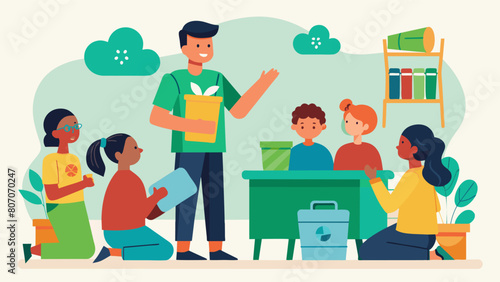A volunteer leading a workshop for thrift store customers teaching them fun and creative ways to repurpose and upcycle thrifted items.. Vector illustration