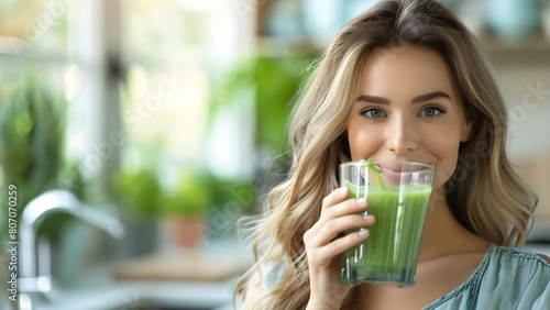 Young vegan woman in kitchen drinking green juice caring for her health. Concept Healthy Living, Vegan Lifestyle, Kitchen Inspiration, Green Juices, Self-care