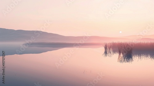 Minimalist landscape with mirrorlike pond, subtle color gradients, soft dawn lighting, closeup perspective photo