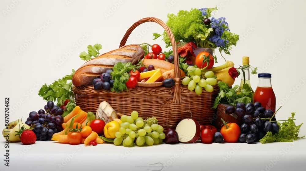 a picnic basket overflowing with fresh fruits, vegetables, and sandwiches, 