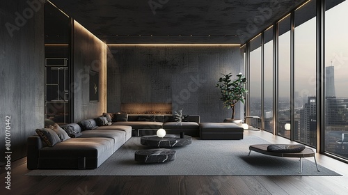 Spacious minimalist living room, grey wall panels, understated furnishings, panoramic window view, midday light © miss[SIRI]