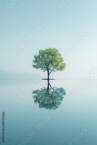 Surreal minimal landscape  single tree reflected on a mirror smooth lake  clear sky  wide angle  morning light
