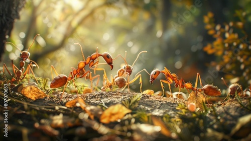A colony of ants working together to transport food across a leafy forest floor, demonstrating their strength in unity. © Plaifah