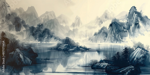 A landscape painting capturing misty mountains.