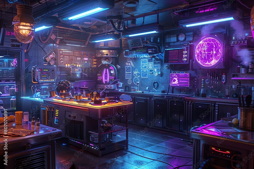 Capture a distant, futuristic perspective of culinary arts in a post-apocalyptic world Utilize a digital CG 3D technique to create a surreal kitchen scene with holographic ingredients, neon lighting, Capture a distant, futuristic perspective of culinary arts in a post-apocalyptic world Utilize a digital CG 3D technique to create a surreal kitchen scene with holographic ingredients, neon lighting,