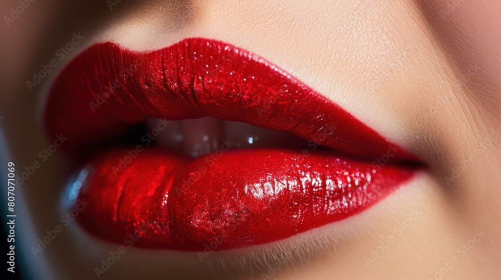 Obraz premium A close-up of a vibrant red liquid lipstick being applied to lips, 