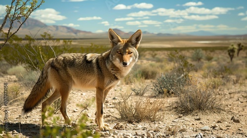 A beautiful portrait of a coyote standing in the middle of the desert. The coyote is looking at the camera with its piercing yellow eyes. © Galib