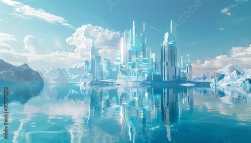 Capture the essence of a holographic metropolis emerging from the depths of a crystal-clear lake, with a focus on reflection and refraction effects that blur the line between reality and fantasy Emplo photo