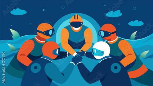 A team huddles together underwater devising a new strategy to outwit the opposing team.. Vector illustration