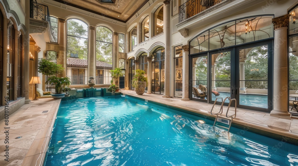 Luxurious Retreat Opulent Pool with Abundant Windows Creates Seamless Indoor-Outdoor Connection
