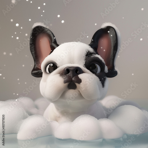 very cute 3D cartoon french bulldog taking a foambath, animated film style. Cut dog in a bath washing.  photo