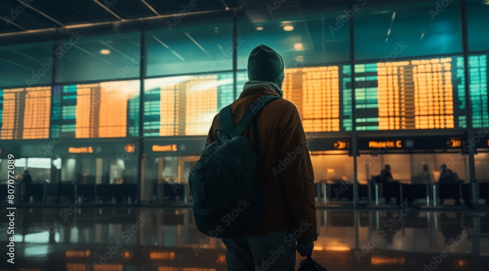 A person passenger man is sitting in a terminal building while looking at an arrival and departure information display to find their route. A person passenger man is sitting in a terminal building while looking at an arrival and departure information display to find their route.
