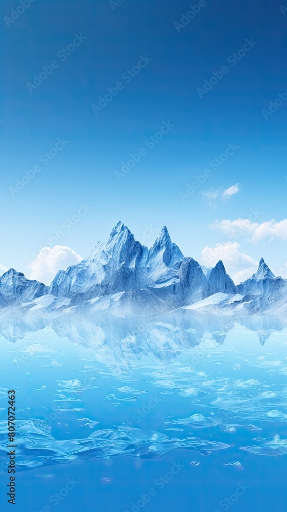 a beautiful landscape with snow-capped mountains and a calm sea. The sky is clear and blue, and the sun is shining. The image is very peaceful and serene.