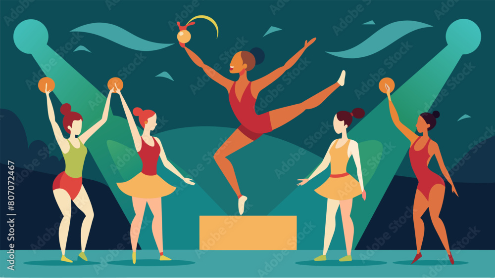 As the routine reached its the rhythmic gymnasts captivating performance left the audience cheering for more.. Vector illustration As the routine reached its the rhythmic gymnasts captivating performance left the audience cheering for more.. Vector illustration