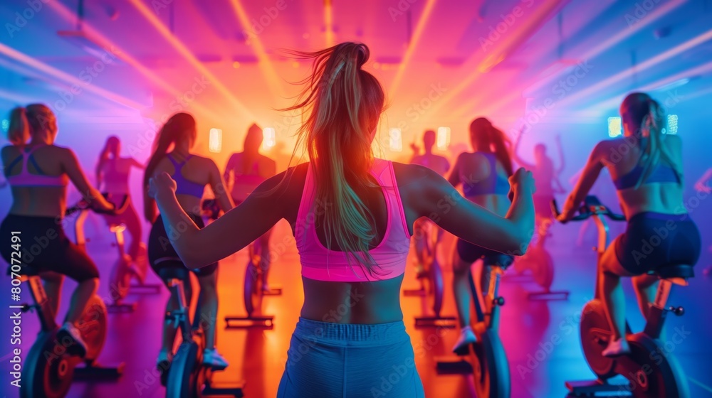 Dynamic spin class workout with vibrant lighting