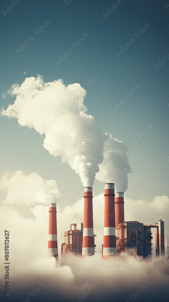 The factory is shrouded in a thick white smoke. The air is polluted and it is difficult to breathe. The factory is a major source of pollution and is responsible for the poor air quality.
