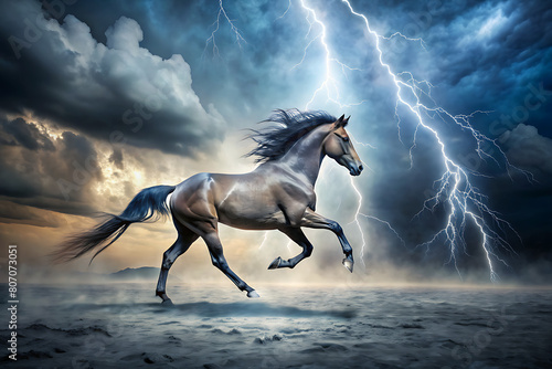 A thunderbolt horse is running in the storm clipart, with a mist illustration clipart, 1500s, isolated on thunderstorm background