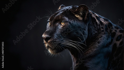 Panther's mysterious allure, Frontal view of a Panther against a dark black backdrop, forming a captivating banner that invites viewers to appreciate the enigmatic charm of wild animals.