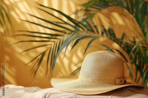 A clean, stylish straw sunhat, crucial for sun protection in a tropical setting, displayed with space for fashion and health text