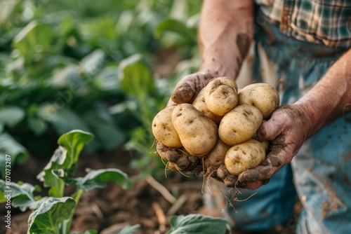 Farmer holding potatoes in hands against the background of a field