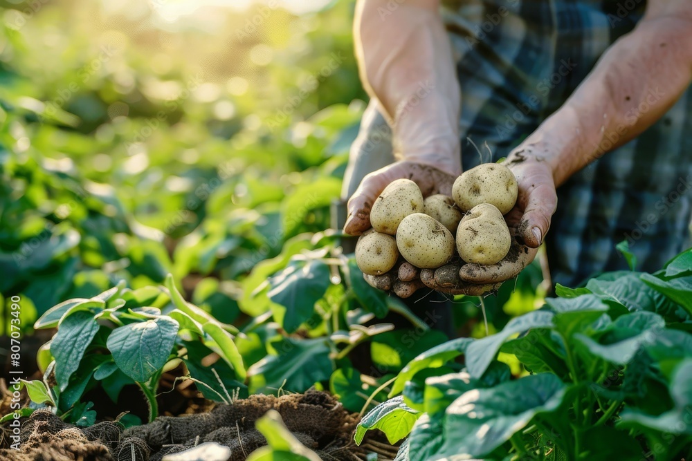 Farmer holding potatoes in hands against the background of a field Farmer holding potatoes in hands against the background of a field