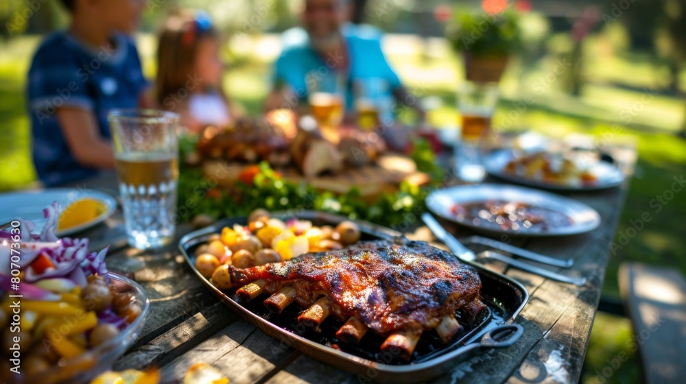 A family picnic in the park with a spread of grilled pork ribs, potato salad, and baked beans, enjoying the simple pleasures of outdoor dining.