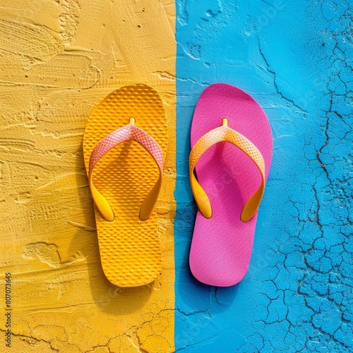 A single, vibrant flip flop, symbolizing beachwear, placed centrally on a minimal background for style tips photo