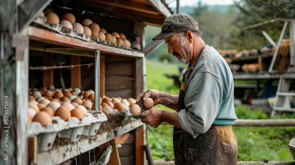 A farmer collecting eggs from nesting boxes in a well-kept chicken coop, emphasizing the importance of hygiene and egg quality. A farmer collecting eggs from nesting boxes in a well-kept chicken coop, emphasizing the importance of hygiene and egg quality.
