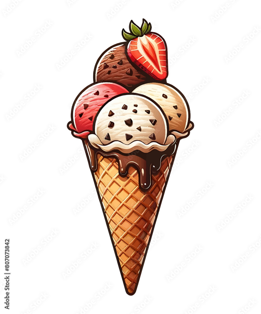 Ice cream balls in the waffle cone isolated on a white background. Vector flat outline icon. Comic character in cartoon style illustration for t shirt design Ice cream balls in the waffle cone isolated on a white background. Vector flat outline icon. Comic character in cartoon style illustration for t shirt design