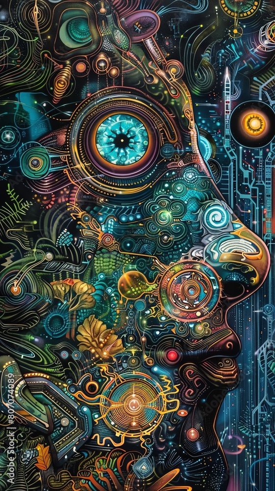 custom made wallpaper toronto digitalZoom in on an intricate cyberpunk mural, blending cosmic swirls with intricate circuit patterns Showcase the arts gritty details with a worms-eye view, emphasizing the surreal fusion of technology and