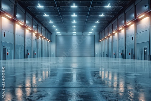 Large industrial warehouse interior with polished concrete floor and bright overhead lighting at night