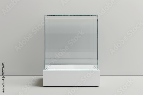  A white empty glass display case with a square base mockup, shown from the front view, on a white background.