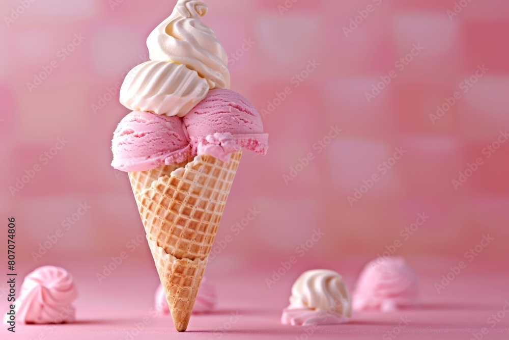 Ice cream cone vanilla and strawberry flavors on a pink background. Copy space Ice cream cone vanilla and strawberry flavors on a pink background. Copy space