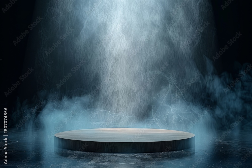 The empty wooden cylinder shape of product display Podium, Stand for showing or design blank backdrop dark abstract wall with smoke float up. Platform illuminated by spotlights 