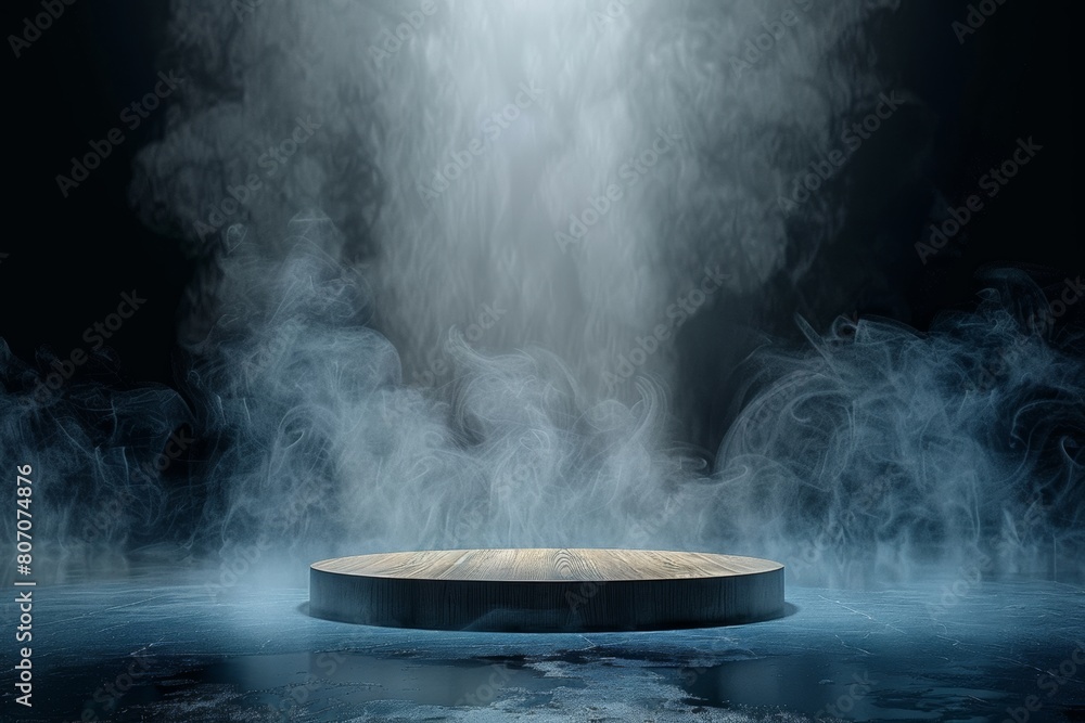The empty wooden cylinder shape of product display Podium, Stand for showing or design blank backdrop dark abstract wall with smoke float up. Platform illuminated by spotlights 