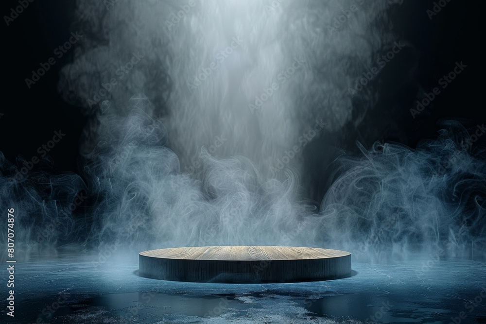 The empty wooden cylinder shape of product display Podium, Stand for showing or design blank backdrop dark abstract wall with smoke float up. Platform illuminated by spotlights The empty wooden cylinder shape of product display Podium, Stand for showing or design blank backdrop dark abstract wall with smoke float up. Platform illuminated by spotlights