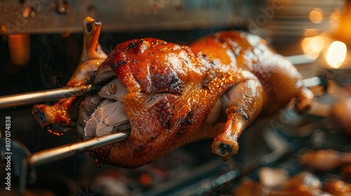 Sensory Delight Roasting Succulent Whole Duck in Rotisserie, Close-Up View of Flavorful Cooking Process 