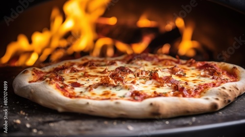a pizza being pulled out of a wood-fired oven  with cheese bubbling and toppings glistening. 