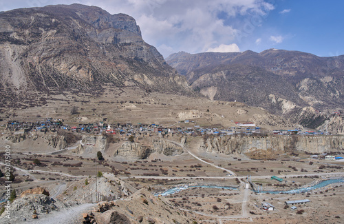 A panorama on the high altitude village Manang, seen from a point view above Gangapurna Lake. Annapurna Circuit, Himalaya in Nepal. Manang valley on Marshyangdi river.