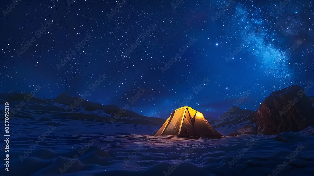 Under a magnificent starry sky, a lone tent stands amidst a vast snow-covered landscape.