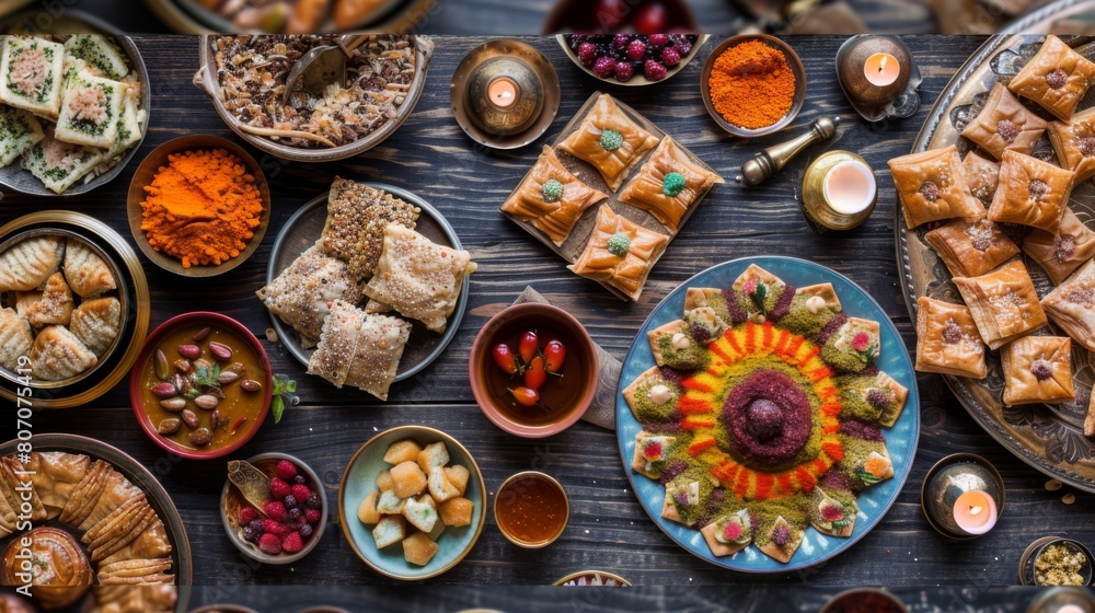 A festive Eid al-Fitr celebration with a spread of sweets including baklava, basbousa, and kunafa, indulgent treats for the holiday.
