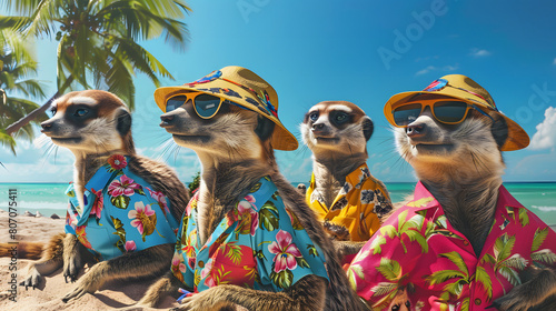whimsical image of a group of meerkats dressed in colorful Hawaiian shirts and sun hats, lounging on a sandy beach against a backdrop of palm trees and blue skies photo