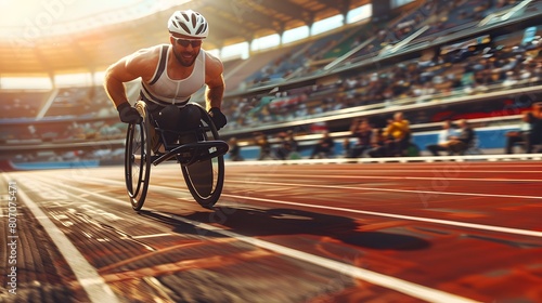 Determined young male paraplegic athlete speeding along sports track in wheelchair race photo