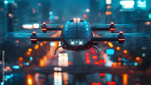 Future urban transportation driverless aerial vehicles for public mobility through cities at night. Concept Driverless Aerial Vehicles, Urban Transportation, Public Mobility, City Night Travel photo