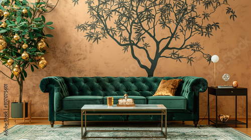 In this luxury living room, a plush green velvet sofa, elegant gold decorations, and a sleek coffee table take center stage. The wall behind the sofa is 