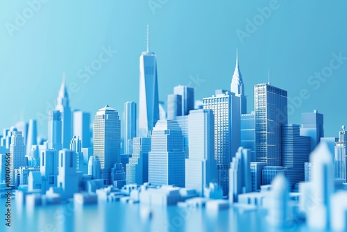 A city skyline is shown in blue with a clear sky