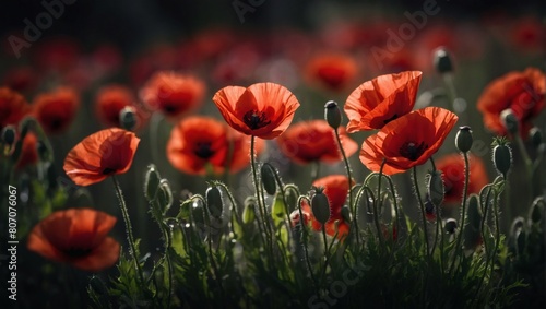 Reflect with red poppies, against a backdrop of black, representing the significance of Remembrance Day and Armistice Day, a symbol of remembrance and reverence.