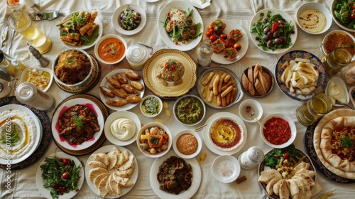 A festive Palestinian wedding feast with a spread of maqluba, mansaf, and assorted mezze dishes, celebrating love and community.