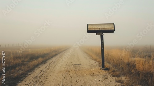 The image is a photograph of a mailbox at the end of a long, rural road. The mailbox is black and made of metal.