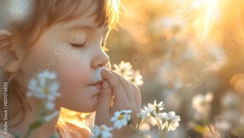 Child seeks relief from nasal irritation caused by environmental allergens near flowers. Concept Allergies, Nasal Irritation, Relief, Children, Environmental Factors photo